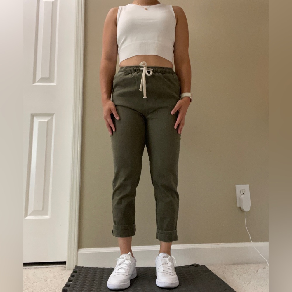 Drawstring thin chino joggers, stretchy, durable, high-waisted